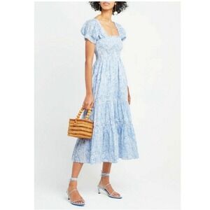 O.P.T. Blue White Paisley Smocked Puff Sleeve Tiered Midi Dress Womens Large